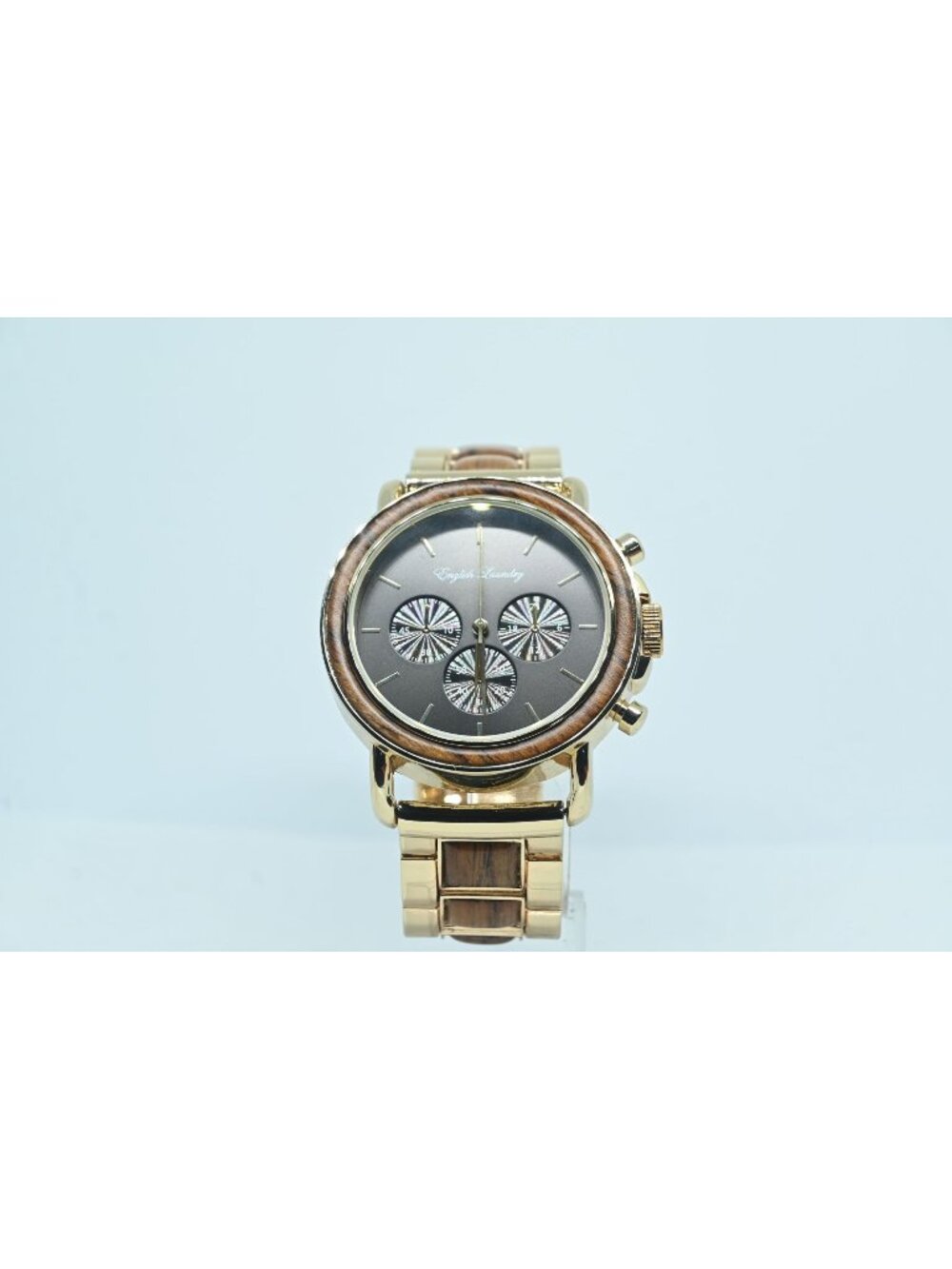 English Laundry Men's Chronograph Watch Gold-Tone Wood Bezel Strap G49